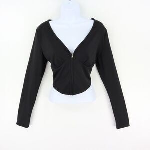 Shein Cropped Shirt Womens L Black Polyester Long Sleeves Ribbed‎ Zipper V-Neck